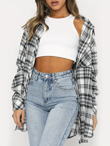 Antmvs Plaid Print Classic Shirt, Casual Button Front Long Sleeve Shirt With A Collar, Women's Clothing