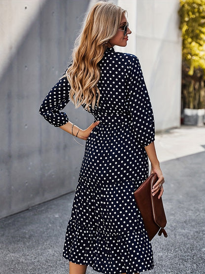 Antmvs Polka Dot Print 3/4 Sleeve Dress, Elegant Wrap Neck Midi Dress, Women's Clothing