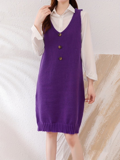 Antmvs Plunging Solid Midi Dress, Elegant Sleeveless Knitted Dress With Buttons, Women's Clothing