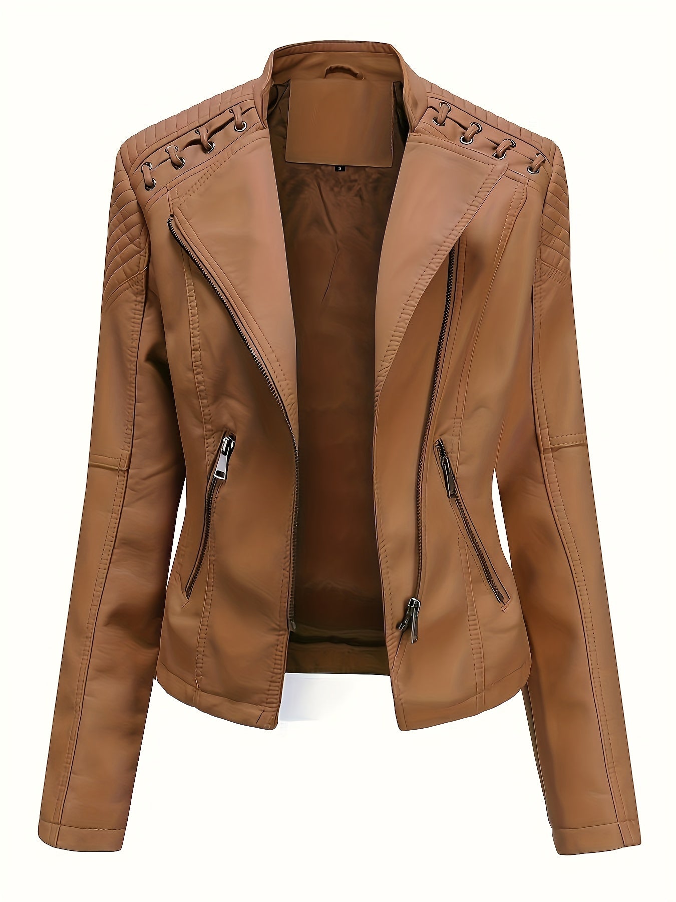 Antmvs Zipper Faux Leather Jacket, Casual Solid Long Sleeve Outerwear, Women's Clothing