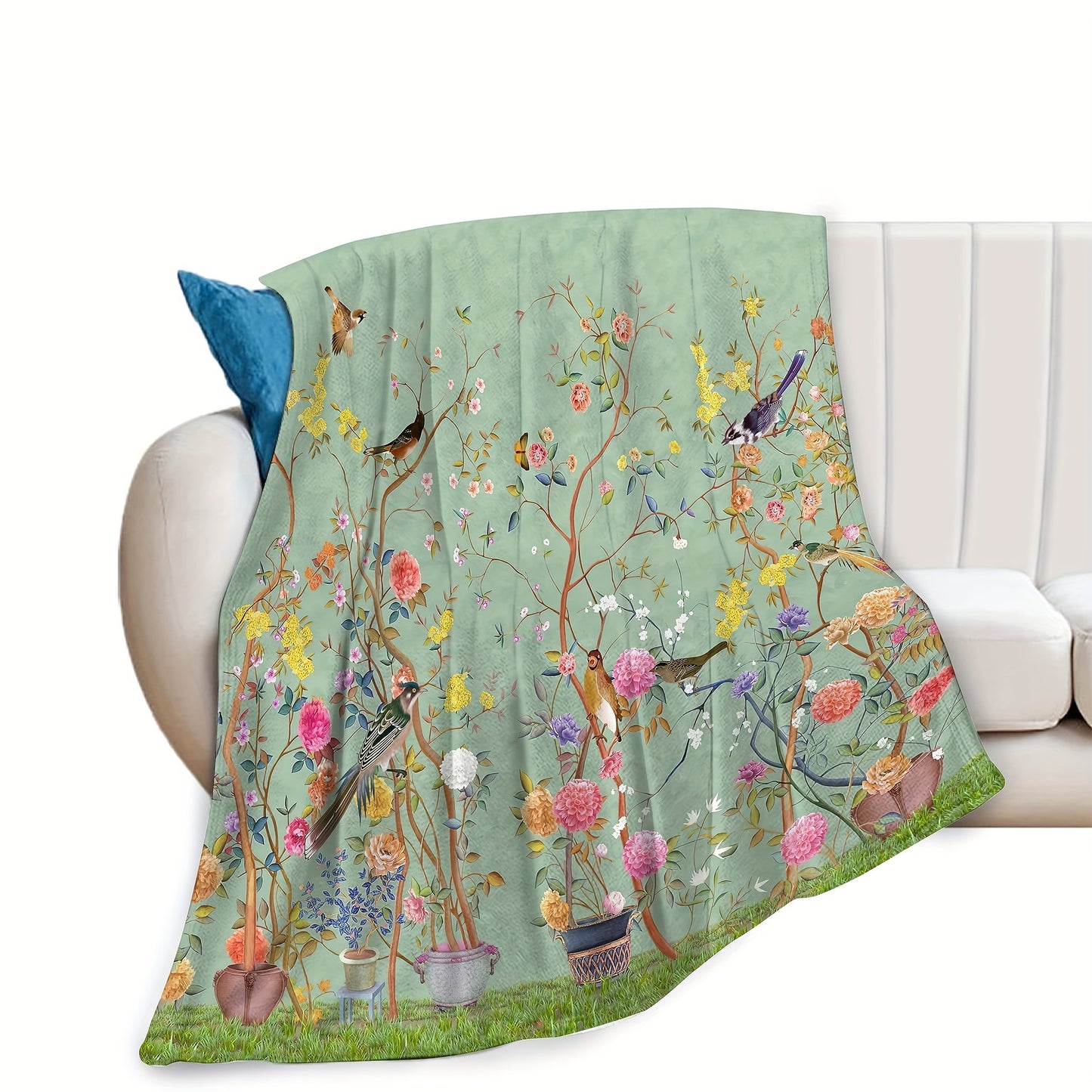 1pc Cozy Floral Bird Print Flannel Blanket - Soft, Warm, Comfortable, Versatile Throw for All Seasons, Home, Office, Travel, Bed - Perfect for Snuggling Up Indoors or Outdoors