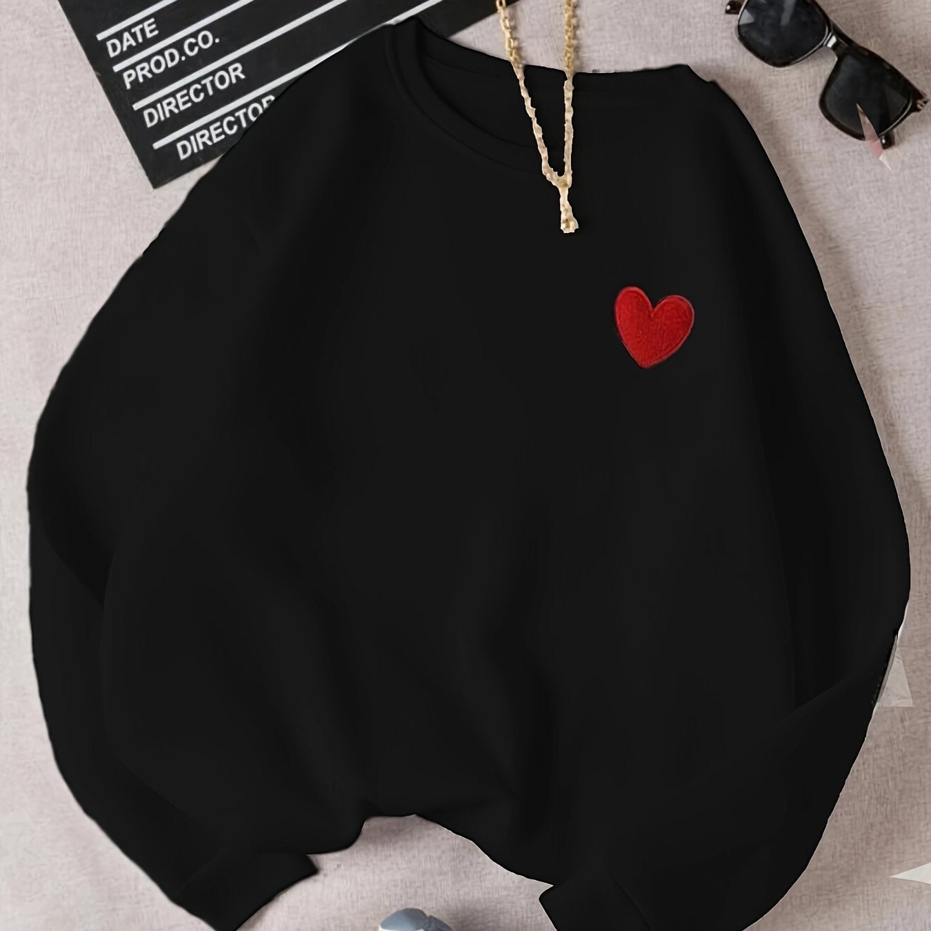 Antmvs Heart Pattern Pullover Sweatshirt, Casual Long Sleeve Crew Neck Sweatshirt For Fall & Winter, Women's Clothing