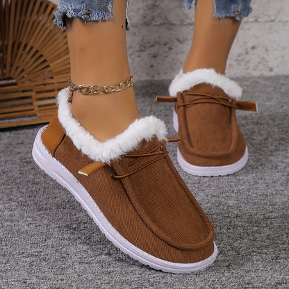 Women's Splicing Fluffy Loafers, Winter Warm Round Toe Slip On Flat Shoes, Cozy Low Top Snow Boots