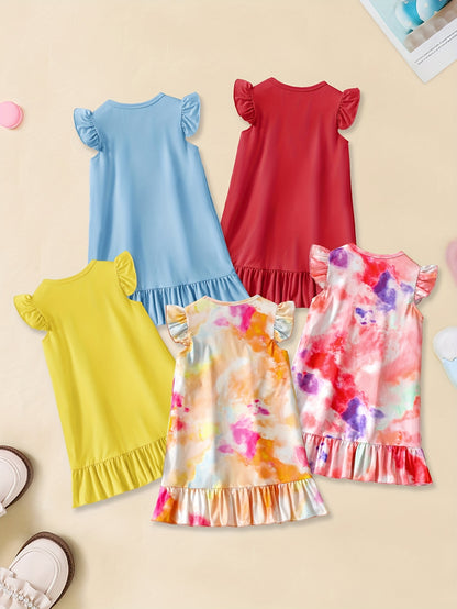 5pcs Cartoon-Themed Graphic Print Crew Neck Ruffle Sleeve Dresses Set for Girls - Soft Knitted Fabric, Slight Stretch, Regular Fit, Trendy Casual Style for Summer Fun