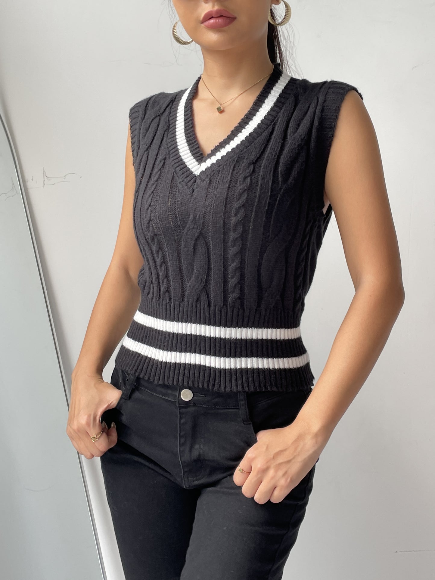 Antmvs Striped V Neck Cable Knit Vest, Casual Sleeveless Sweater For Spring & Fall, Women's Clothing