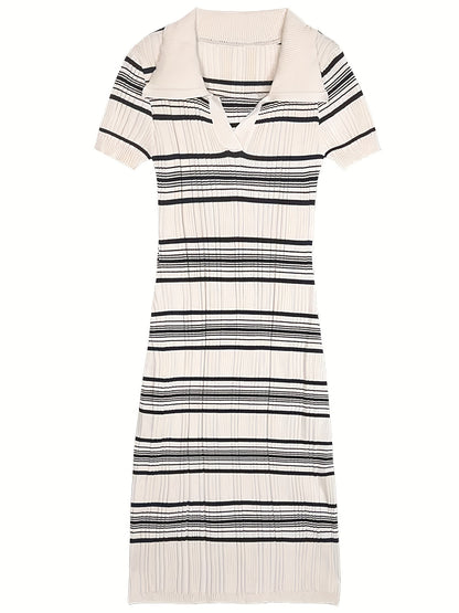 Antmvs Striped Print Collar Dress, Casual Short Sleeve Bodycon Summer Dress, Women's Clothing