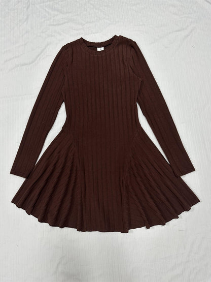 Antmvs Rib Knit Long Sleeve Flare Dress, Casual Crew Neck Dress For Spring & Summer, Women's Clothing