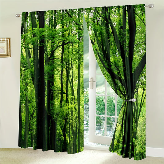 2pcs Forest Curtains Green Trees Jungle Branches Nature Scenery Decor Bedroom Living Room Rod Pocket Window Treatment For Living Room Home Decor