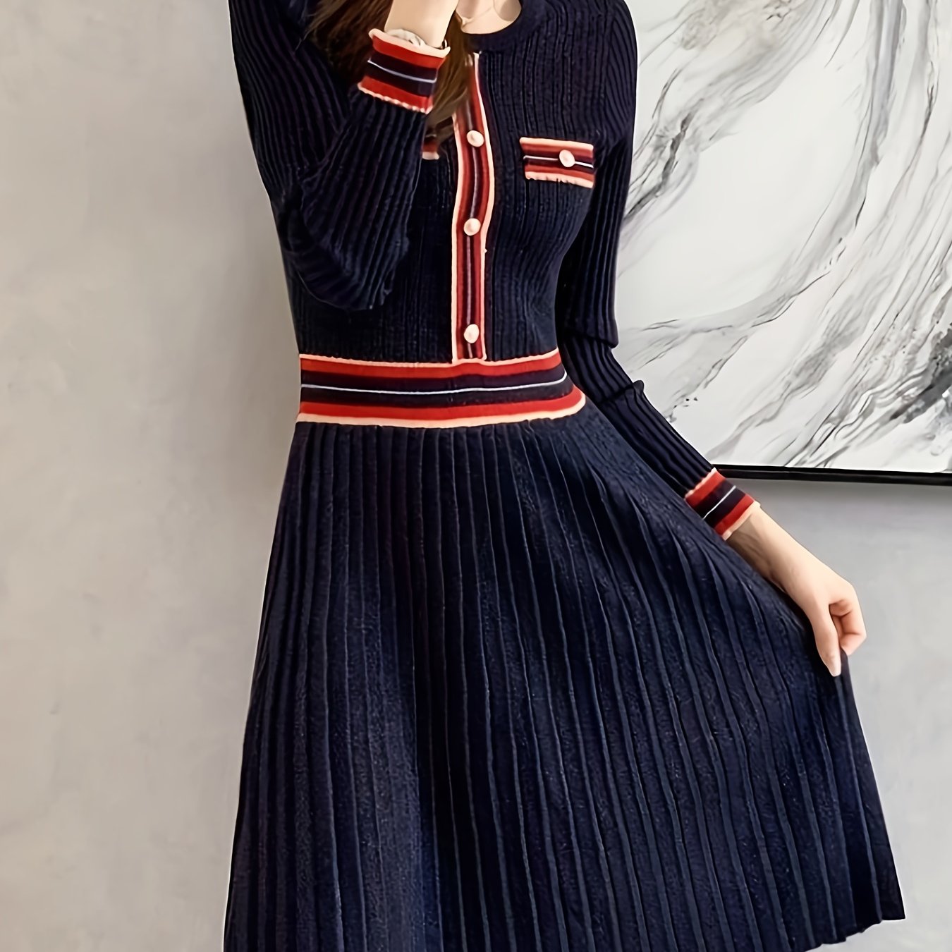 Antmvs Contrast Trim Pleated Dress, Elegant Long Sleeve A-line Dress, Women's Clothing