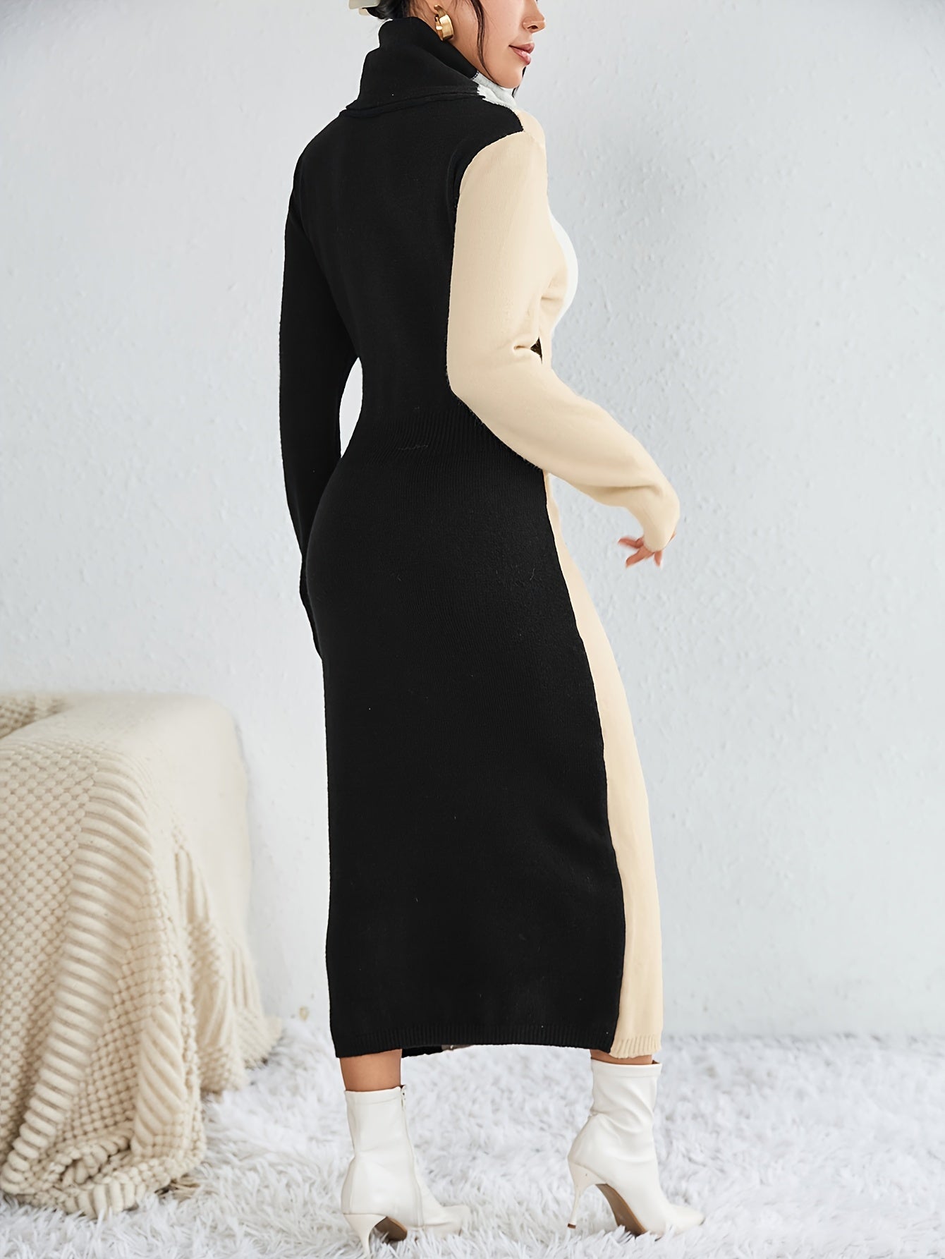 Antmvs Color Block Rib Knit Dress, Casual High Neck Long Sleeve Midi Dress, Women's Clothing