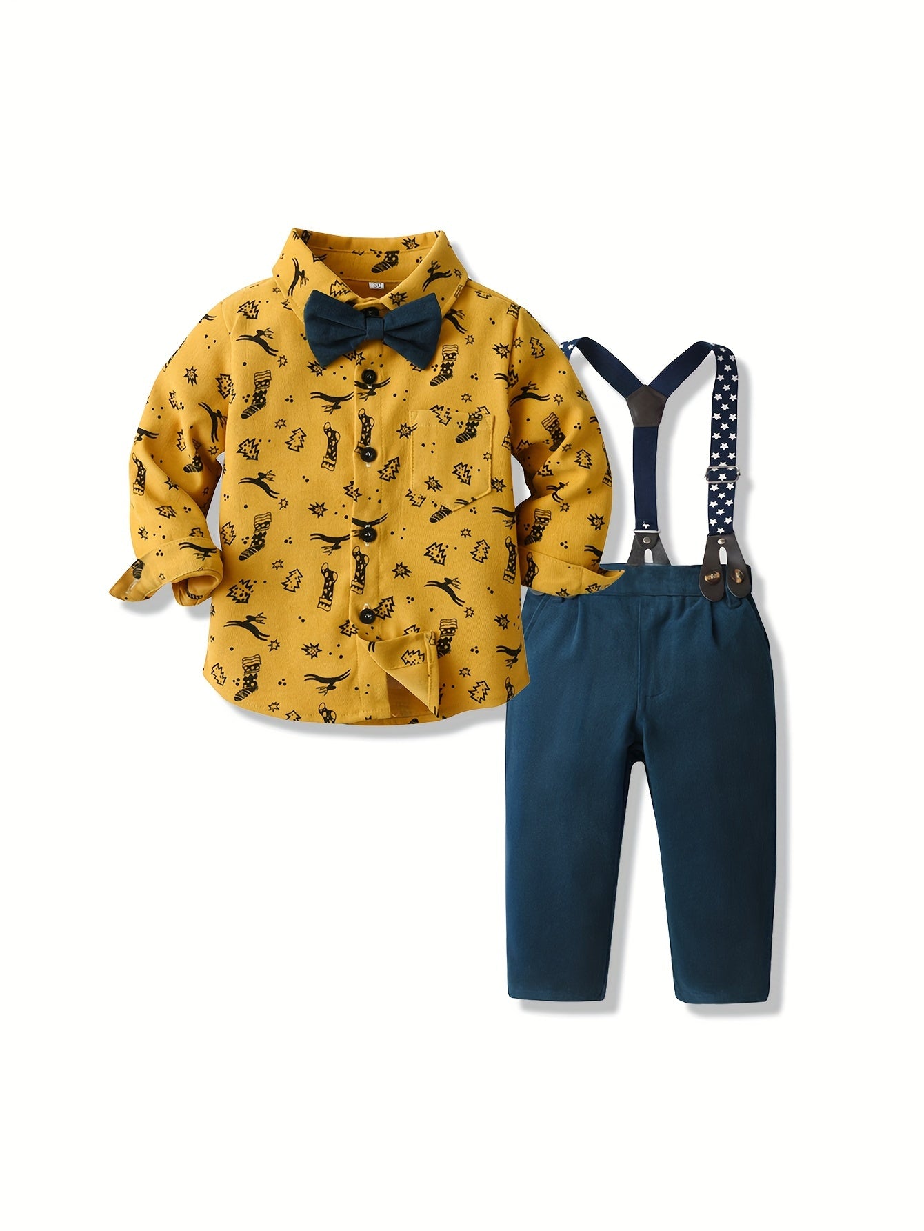 2pcs Boy's Gentleman Outfit, Trendy Bowtie Shirt & Overalls Set for Christmas Style Formal Wear