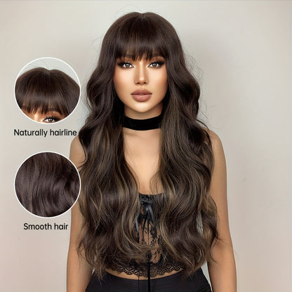 26 Inch Long, Curly Body Wave Brown Black and Light Brown Highlight Wig with Bangs for Women - Elegant, 150% Density, Rose Net Cap, Daily Wear - HAIRCUBE Brand