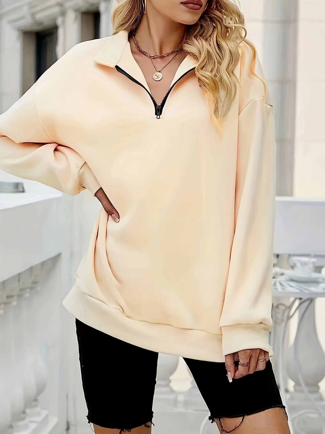 Antmvs Quarter Zip Pullover Sweatshirt, Casual Long Sleeve Lapel Sweatshirt For Fall & Winter, Women's Clothing