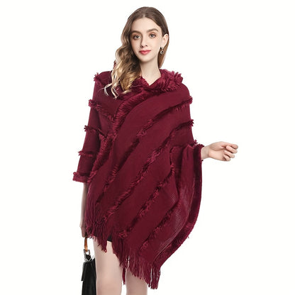 Antmvs Loose Knit Hooded Pullover Poncho Large Solid Color Batwing Tassel Shawl Autumn Winter Travel Outside Windproof Cape