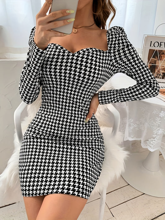 Antmvs Houndstooth Print Bodycon Dress, Elegant Sweetheart Neck Long Sleeve Dress, Women's Clothing