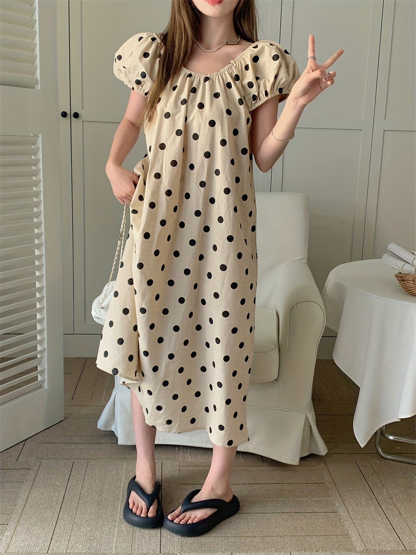 Antmvs Polka Dot Print Dress, Casual Puff Sleeve Midi Dress, Women's Clothing