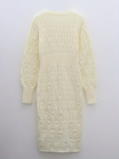 Antmvs Solid Eyelet Sweater Dress, Elegant V Neck Long Sleeve Midi Dress, Women's Clothing