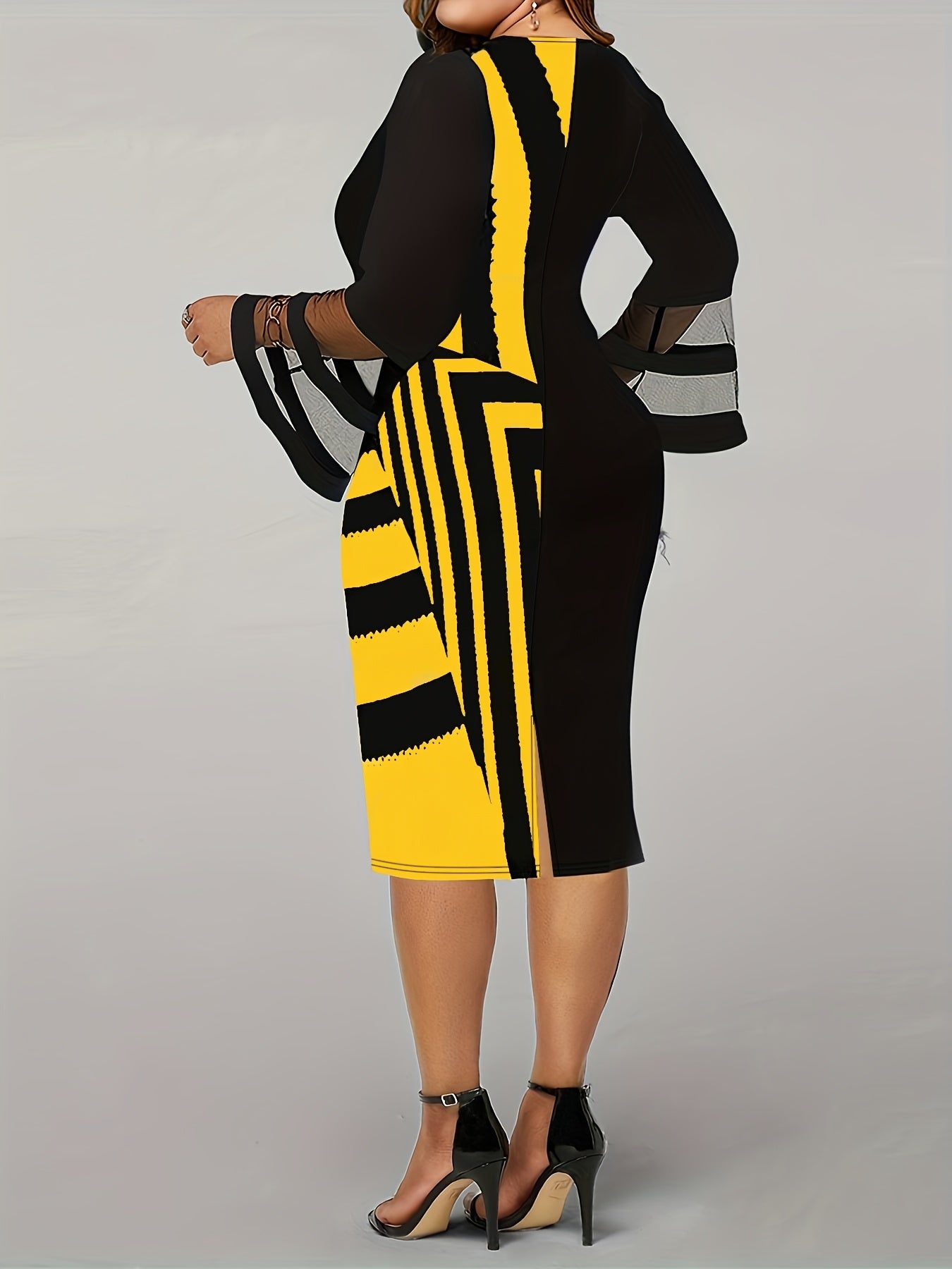 Antmvs Plus Size Casual Party Dress, Women's Plus Colorblock Stripe Print Contrast Mesh Bell Sleeve V Neck Medium Stretch Midi Slim Fit Dress