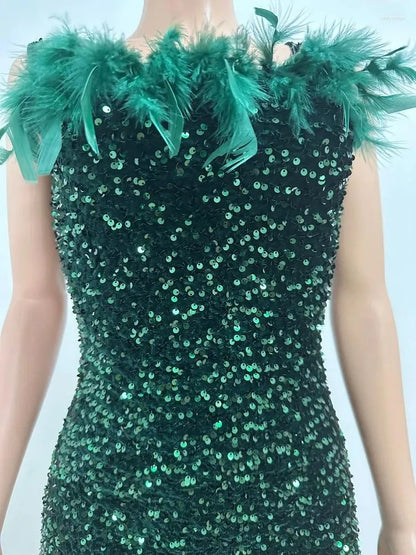 Casual Dresses Party Dress Women Shiny Sequins Feather Bodycon Bare Shoulder Sleeveless Mini Short Event Evening