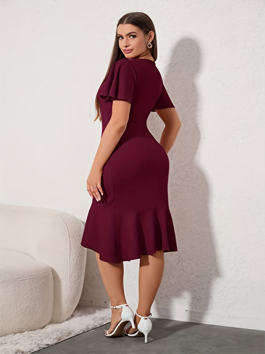 Antmvs Solid Flutter Sleeve Dress, Casual V-neck Ruffle Hem Dress For Spring & Summer, Women's Clothing