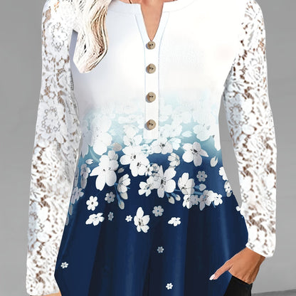 Plus Size Floral Delight Blouse - Lace Trimmed V Neck, Flowy Long Sleeves - Perfect Spring Fashion for Women