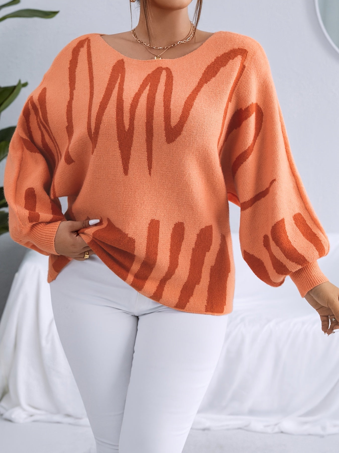Antmvs Plus Size Jacquard Boat Neck Long Sleeve Sweater, Women's Plus High Stretch Casual Pullover Sweater
