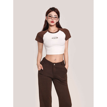 Antmvs Juin Patchwork Contrast Color Short Sleeve Slim Cropped Top