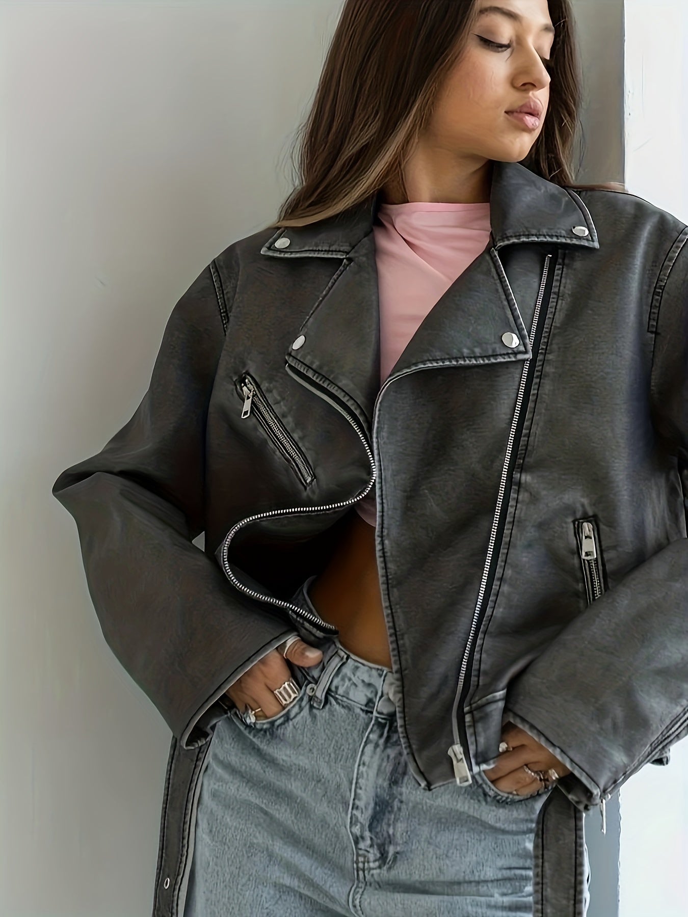 Antmvs Vintage Lapel Belted Biker Jacket, Long Sleeve Slant Zipper Pockets Loose Jacket, Women's Clothing