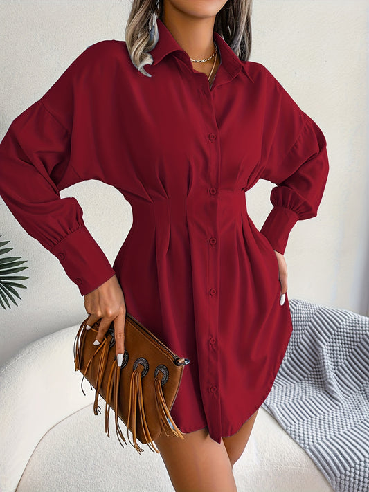 Antmvs Long Sleeve Mini Shirt Dress, Button Up Casual Dress For Fall & Spring, Women's Clothing