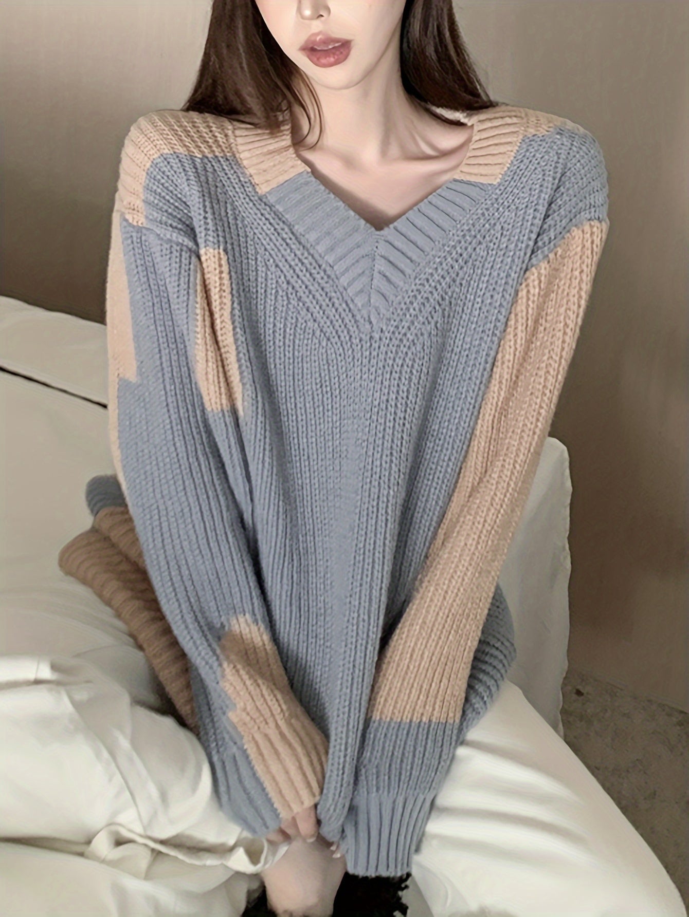 Antmvs Color Block Knitted Pullover Sweater, Casual Long Sleeve Sweater For Fall & Winter, Women's Clothing