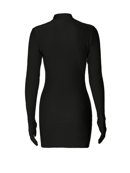 Antmvs Solid Bodycon Mini Dress, Party Wear Long Sleeve Mock Neck Dress, Women's Clothing