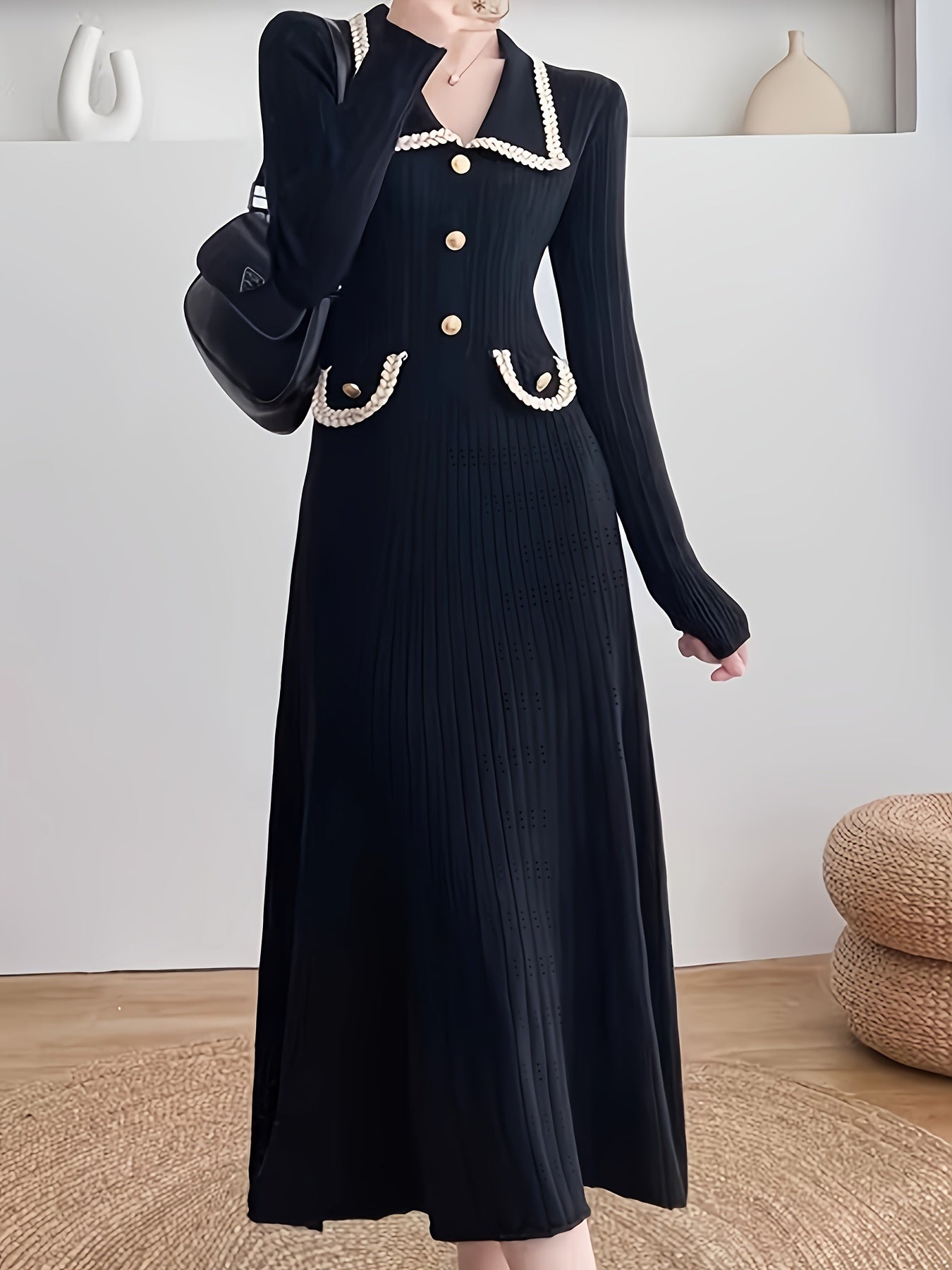 Antmvs Button Front High Waist Dress, Elegant Long Sleeve Midi Dress, Women's Clothing