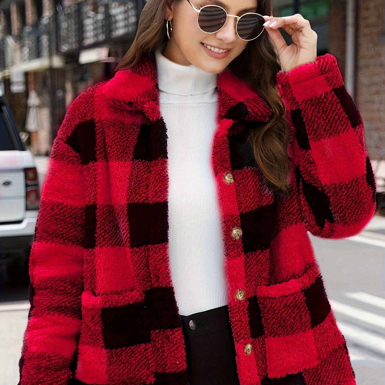 Antmvs Plaid Print Patched Pockets Teddy Coat, Versatile Long Sleeve Single Breasted Winter Outwear, Women's Clothing