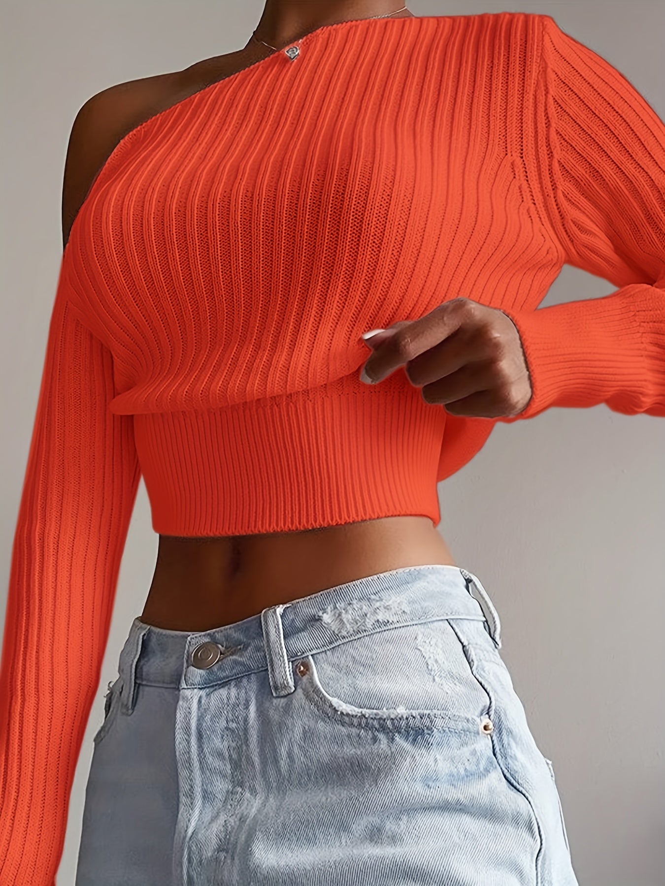 Antmvs Ribbed Asymmetrical Neck Knit Crop Sweater, Sexy Cold Shoulder Long Sleeve Pullover Sweater, Women's Clothing