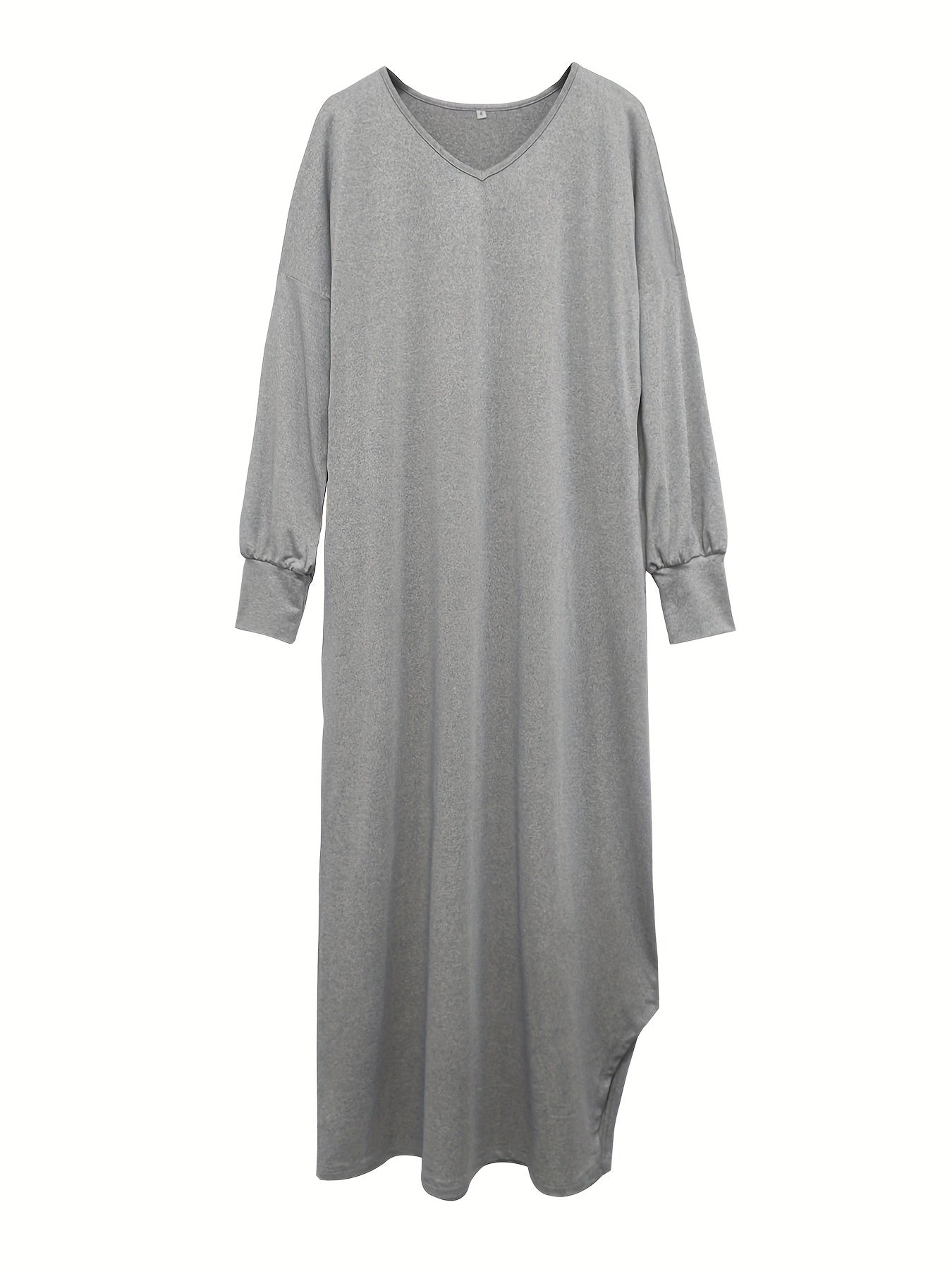 Antmvs Solid Simple Dress, Casual V Neck Long Sleeve Split Dress, Women's Clothing