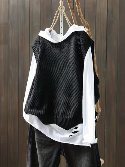 Antmvs Solid Crew Neck Knitted Vest, Casual Sleeveless Loose Sweater, Women's Clothing