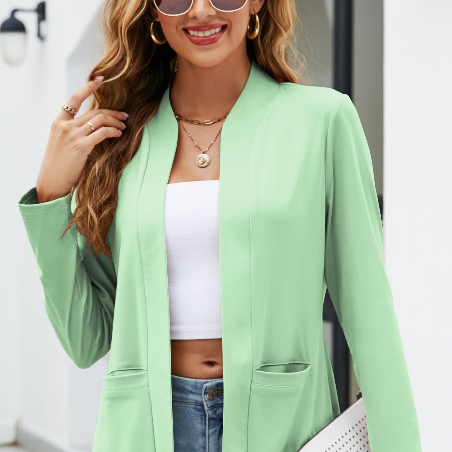 Antmvs Solid Open Front Blazer, Casual Long Sleeve Pocket Blazer, Women's Clothing