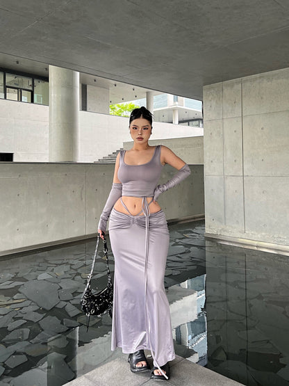 Antmvs SYNEZ Solid Color Metallic Slim Cropped Top + Drawstring Tie Up Fishtail Long Skirt Matching Set