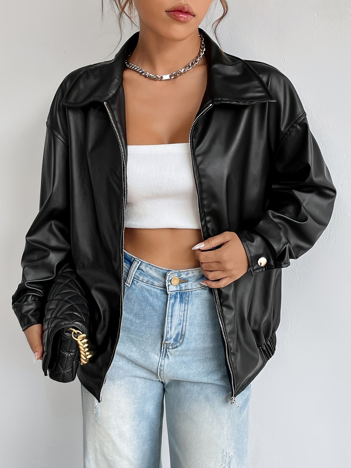 Antmvs Solid Zipper Front PU Leather Jacket, Casual Y2K Long Sleeve Jacket For Spring & Fall, Women's Clothing