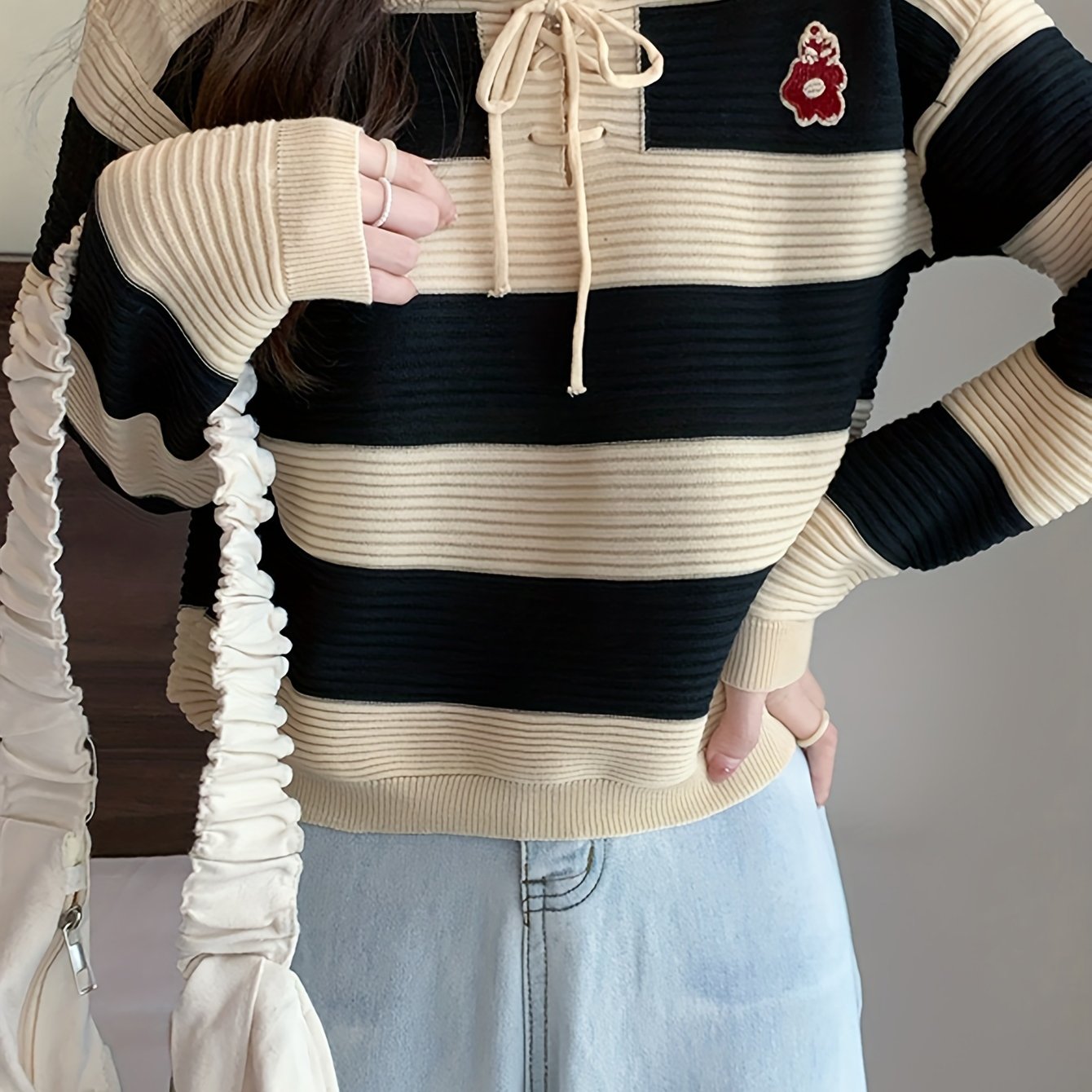 Antmvs Striped Tie Neck Pullover Sweater, Casual Long Sleeve Drop Shoulder Sweater, Women's Clothing