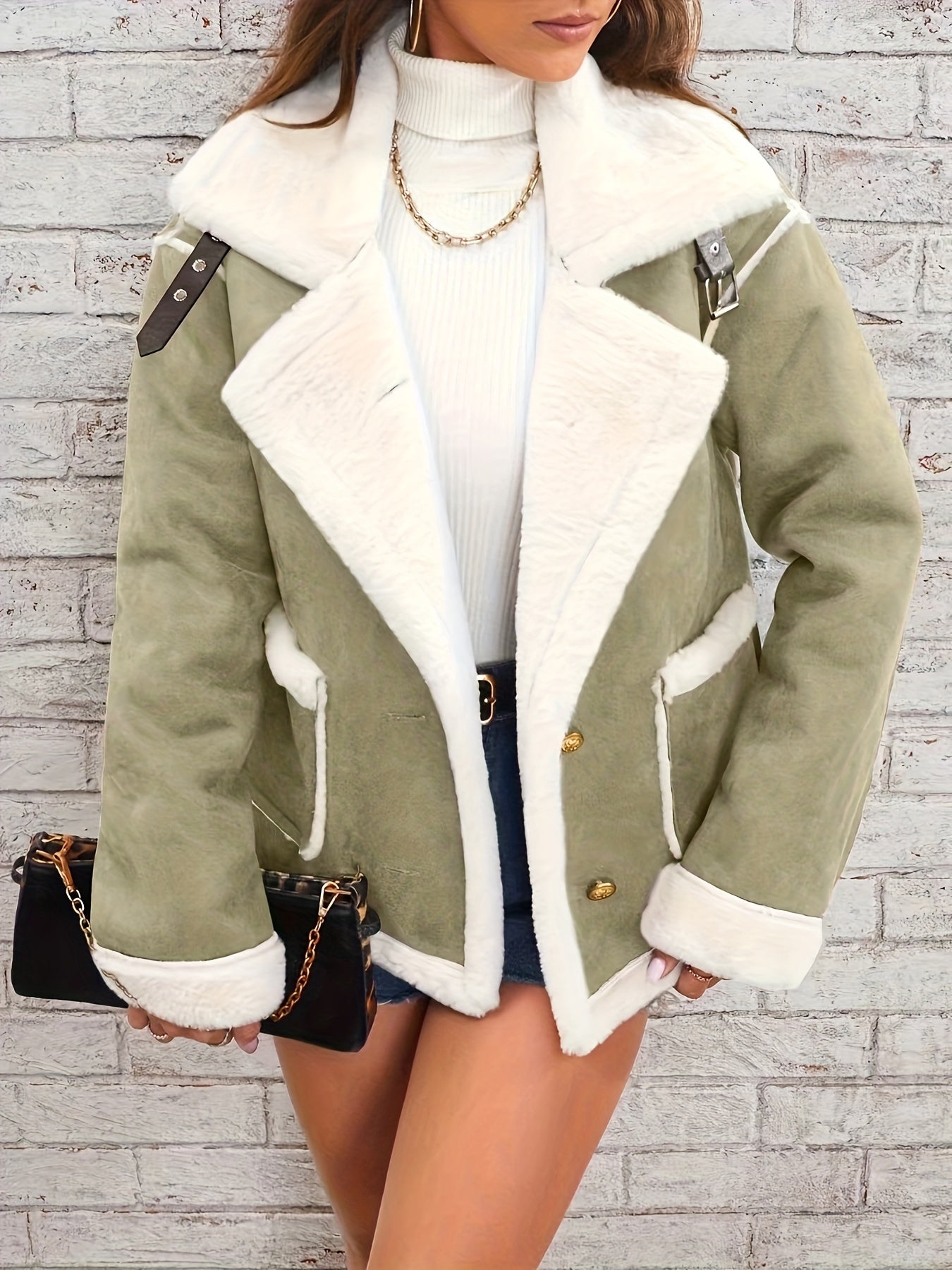 Antmvs Lapel Plush Jacket, Winter Warm Casual Outwear, Women's Clothing