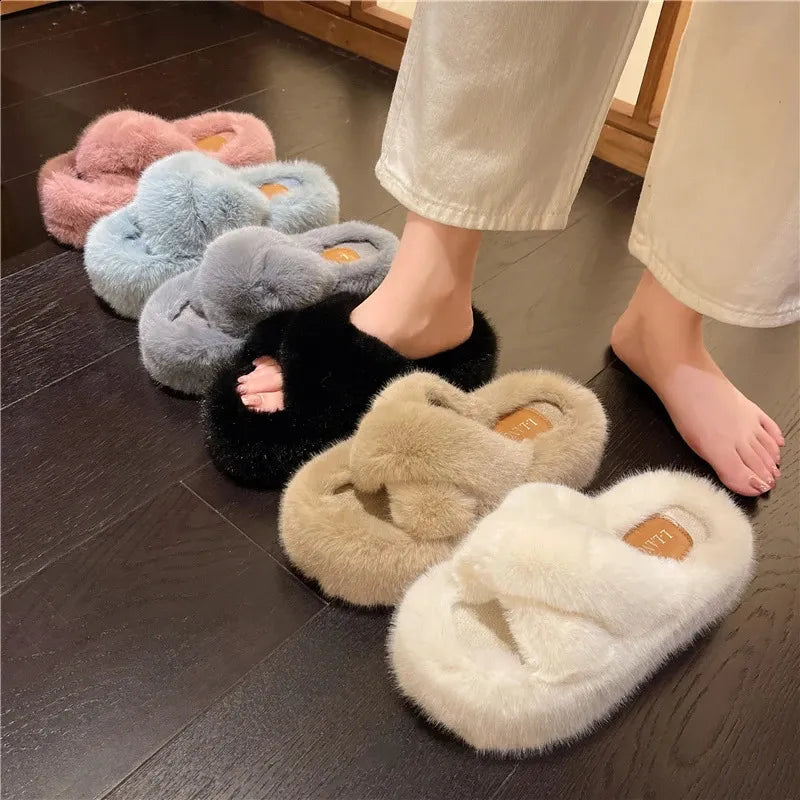 Winter Fluffy Slippers Women House Home Fur Slippers for Women Flat Platform Cozy Fuzzy Indoor Shoes Korean Slides 240830