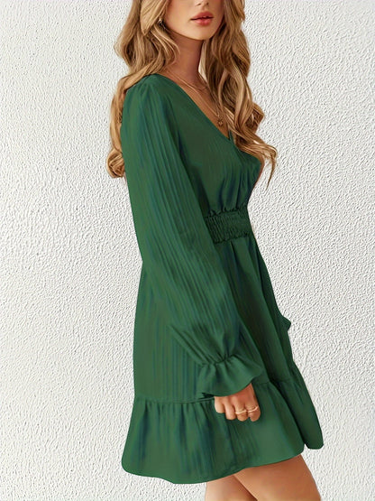 Antmvs Shirred Waist Ruffle Trim Dress, Casual V Neck Long Sleeve Dress, Women's Clothing