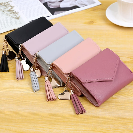 Women's Hand Bag With Heat And Tassel Accessories, Trendy Short Trifold Wallet, Short Coin Purse