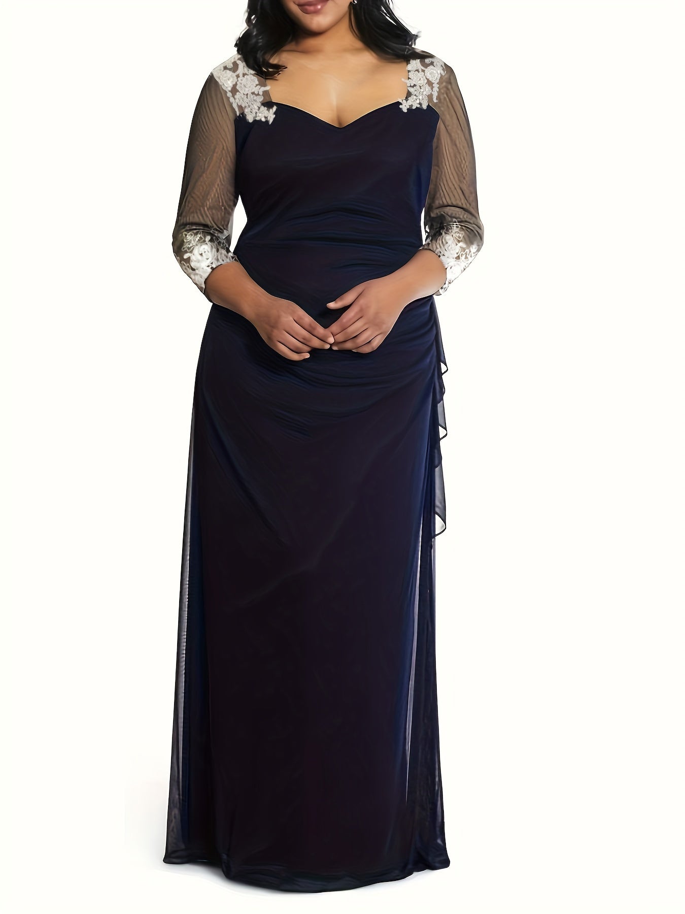 Antmvs Plus Size Elegant Wedding Guest Dress, Women's Plus Contrast Guipure Lace Sweetheart Neck Maxi Evening Party Dress