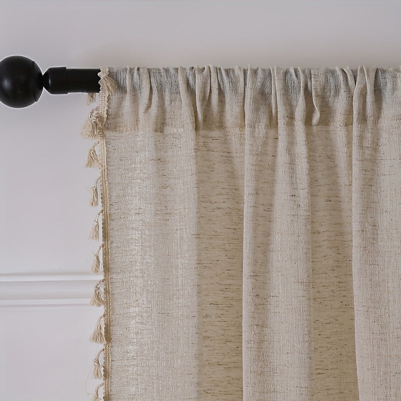 1PC Luxurious Solid Khaki Rod Pocket Curtain with Exquisite Tassel Trim - Bohemian Chic Decor for Living Room, Office, and Home - Easy to Hang, Durable, and Dust-Repellent