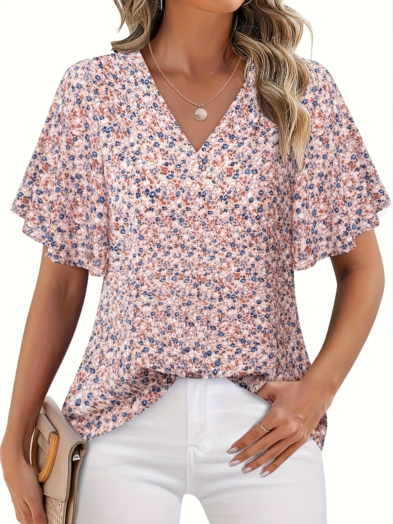 Plus Size Elegant Floral Print V Neck Blouse - Soft Non-Stretch Polyester Fabric, Casual Short Sleeve, Perfect for Spring & Summer - Womens Plus Size Clothing for All Seasons