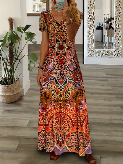 Antmvs Ethnic Floral Print Dress, Boho V Neck Short Sleeve Maxi Dress, Women's Clothing