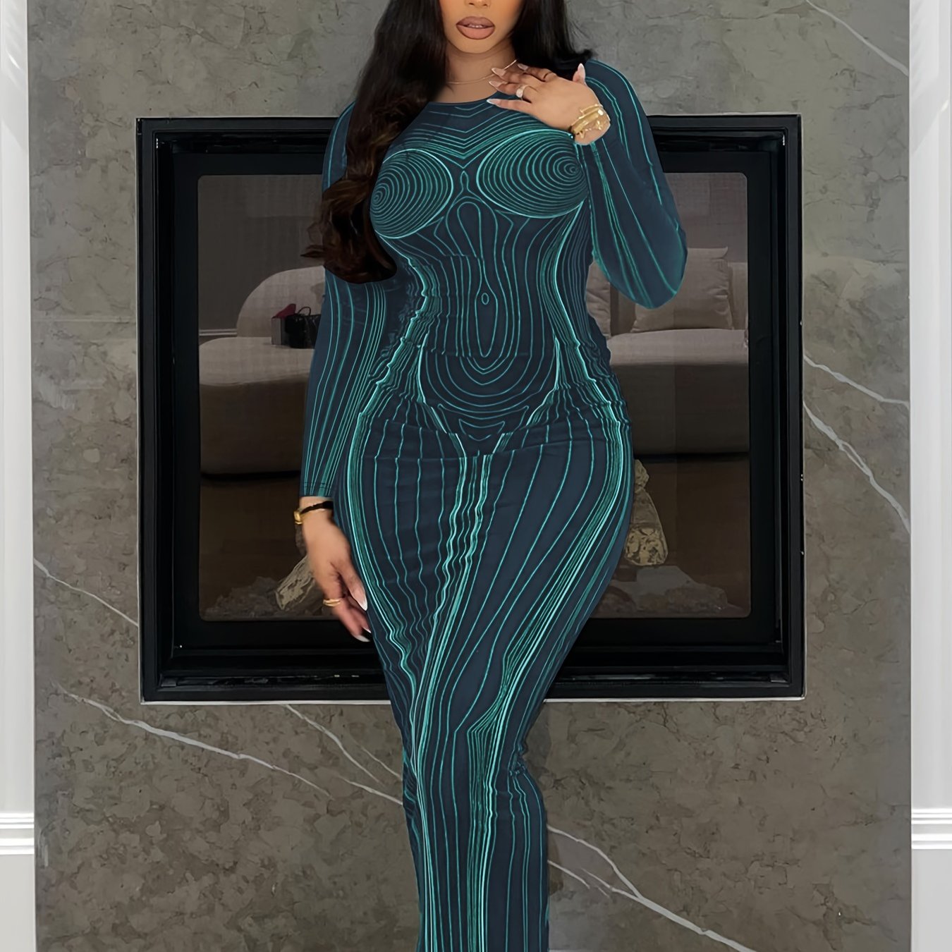 Antmvs Plus Size Sexy Dress, Women's Plus Stripe Print Long Sleeve Round Neck Backless Skinny Maxi Dress