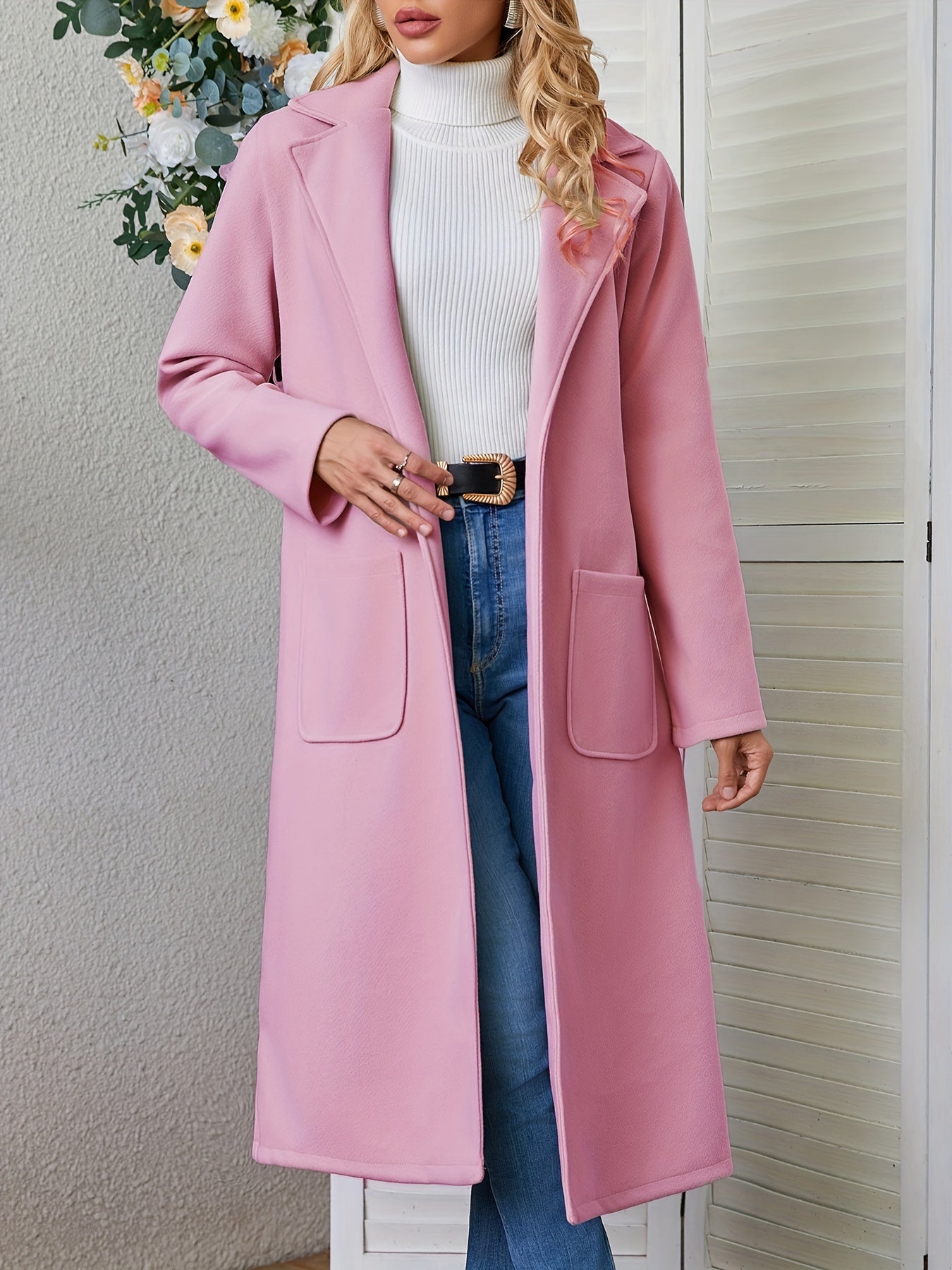 Antmvs Solid Lapel Mid Length Overcoat, Casual Open Front Long Sleeve Outerwear With Pockets, Women's Clothing